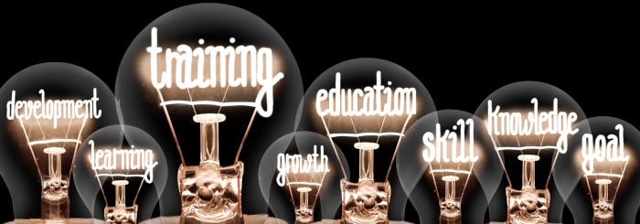 Training and development word inside light bulbs