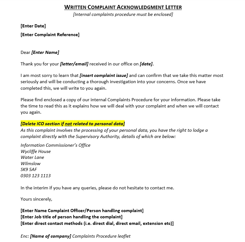 Complaint Acknowledgement Letter Template