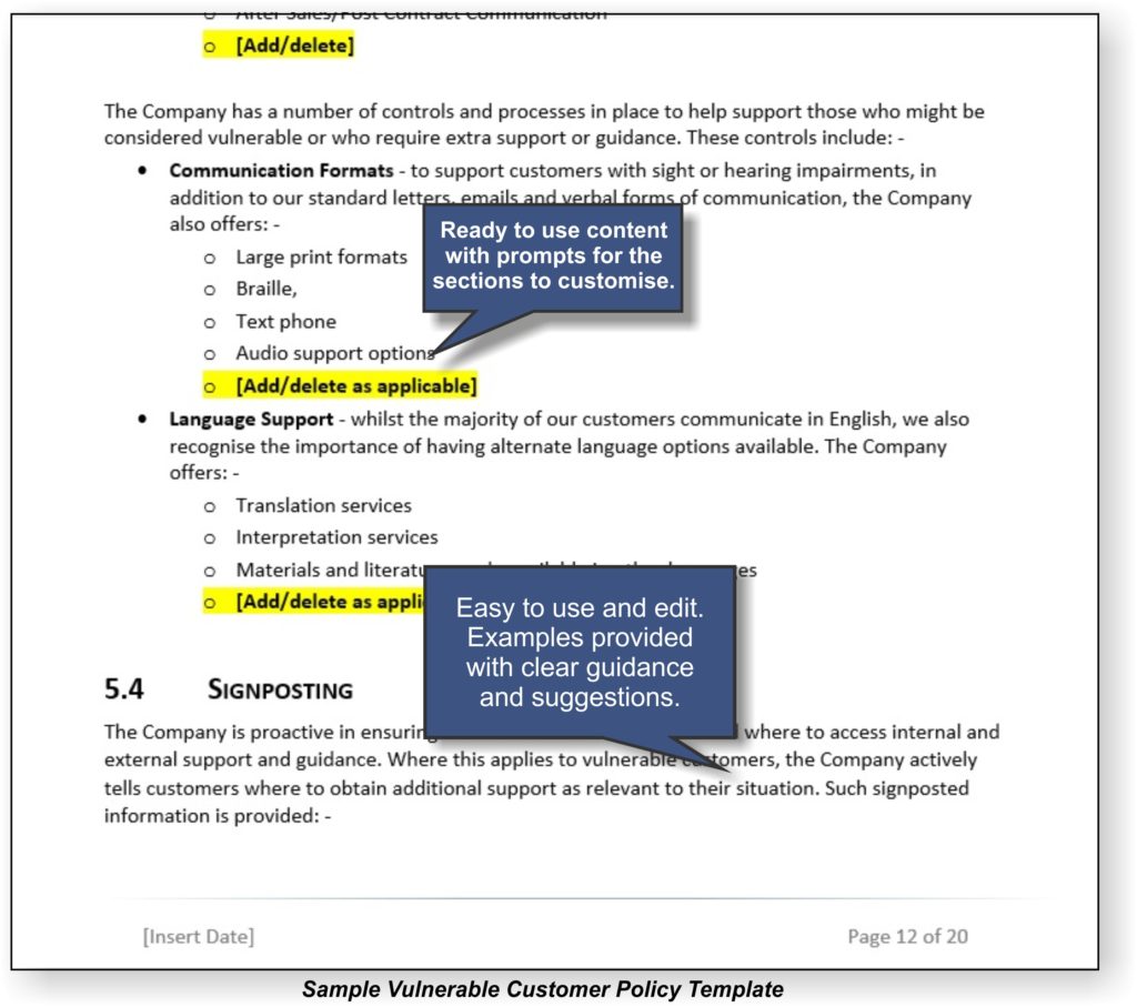 vulnerable customer policy template