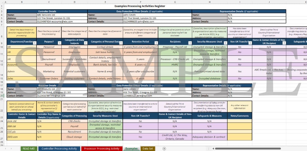 Screenshot of Excel processing activities register