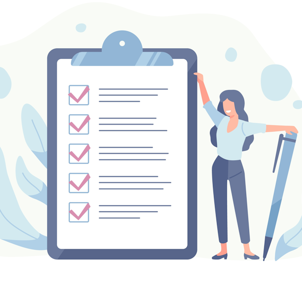 Clipart tall list of checkpoints with cartoon woman and a pen