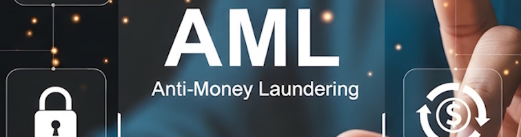 The words AML written over a transparent screen with AM logos and icons