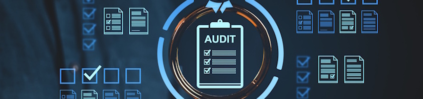 Person holding magnifying glass over a transparent digital audit screen.