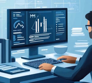 Animated computer screen with AML graphs and a desktop