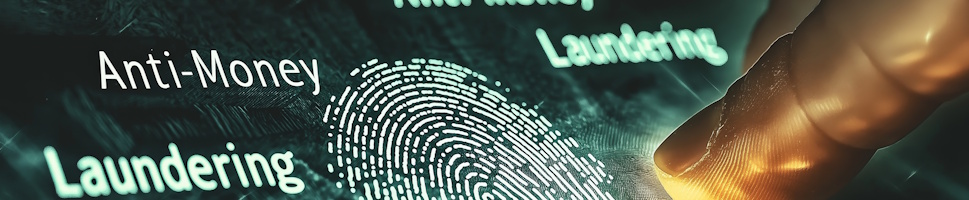 Banner image with a finger and fingerprints over the words anti money laundering