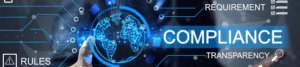 The words compliance, rules and regulation written on a digital banner