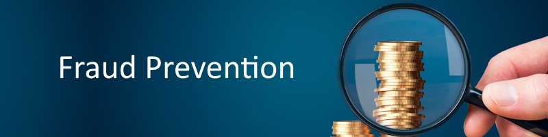 Fraud prevention written with a hand holding a magnitfying glass over money