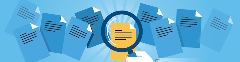 Clipart banner with word documents and a magnifying glass