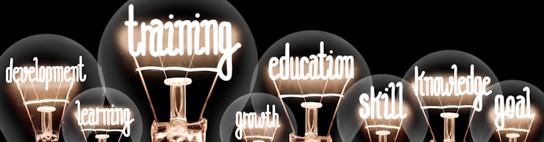 Photo of light bulbs with letters as the filaments with words like skills and training in them
