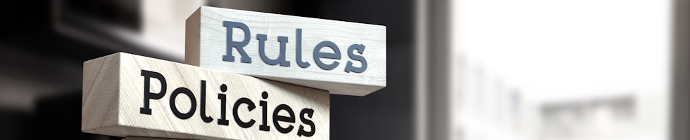 The words rules, standards and policies written on business building blocks