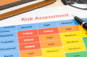 Risk assessment matrix on a table with a pen and ntoebook