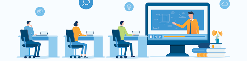 Clipart of 3 trainees watching a trainer demonstration on a display board